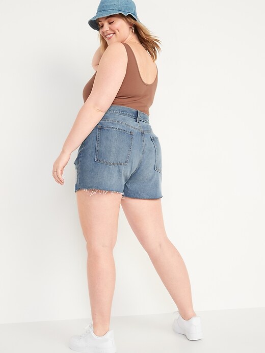 Image number 8 showing, High-Waisted Button-Fly Slouchy Straight Patchwork Cut-Off Non-Stretch Jean Shorts for Women -- 3-inch inseam