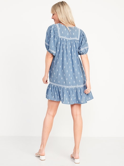 Image number 2 showing, Puff-Sleeve Split-Neck Embroidered Mini Swing Dress for Women