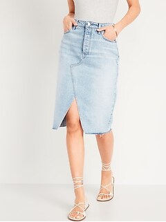 Higher High-Waisted Button-Fly Split-Front Cut-Off Midi Jean Pencil Skirt for Women