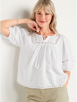Elbow-Length Lace-Trimmed Poet Blouse for Women