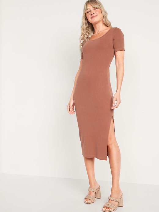Image number 1 showing, Fitted Short-Sleeve Rib-Knit Maxi Dress for Women