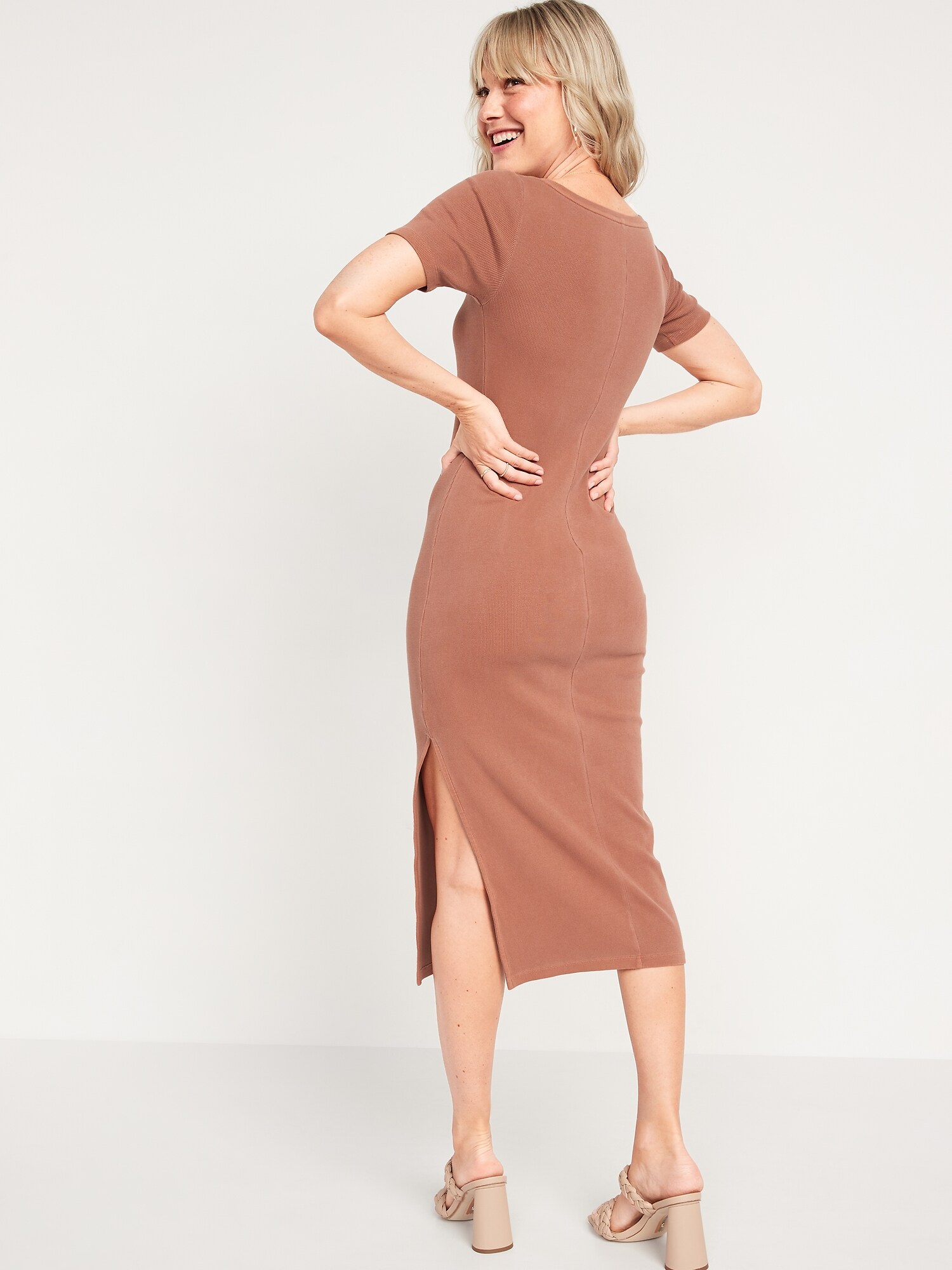 Fitted Short-Sleeve Rib-Knit Maxi Dress 