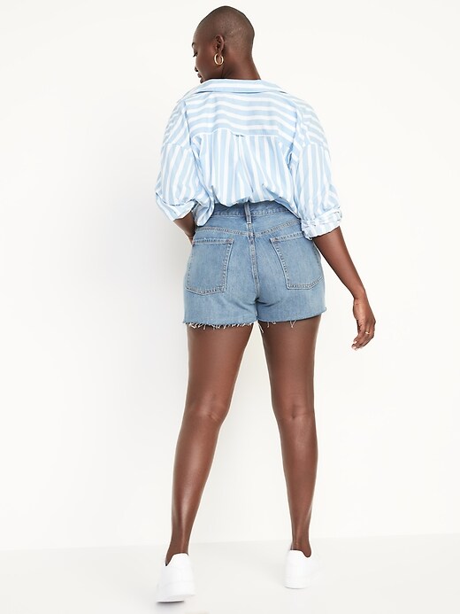 Image number 6 showing, High-Waisted Button-Fly Slouchy Straight Patchwork Cut-Off Non-Stretch Jean Shorts for Women -- 3-inch inseam