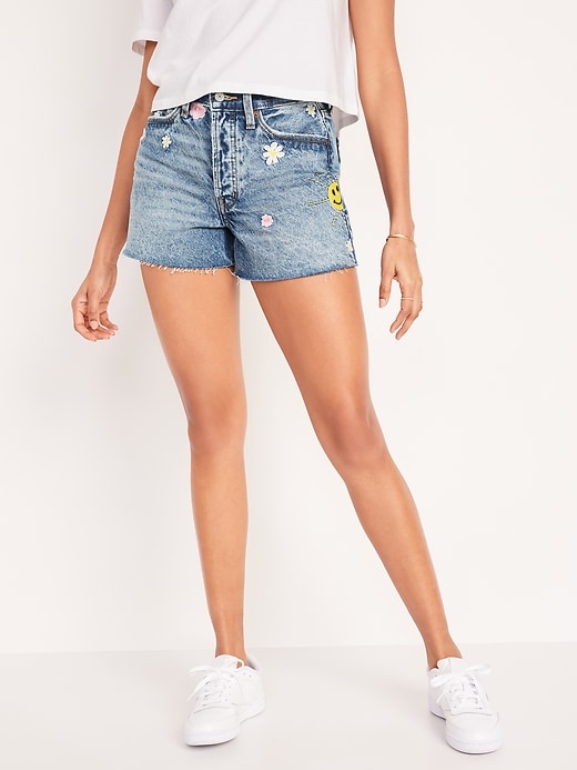 Image number 1 showing, Higher High-Waisted Button-Fly Sky-Hi A-Line Patchwork Cut-Off Non-Stretch Jean Shorts for Women -- 3-inch inseam