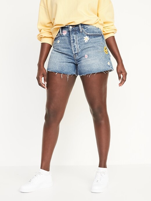 Image number 5 showing, Higher High-Waisted Button-Fly Sky-Hi A-Line Patchwork Cut-Off Non-Stretch Jean Shorts for Women -- 3-inch inseam