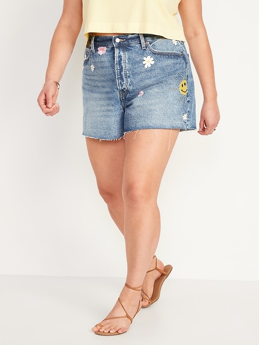 Image number 7 showing, Higher High-Waisted Button-Fly Sky-Hi A-Line Patchwork Cut-Off Non-Stretch Jean Shorts for Women -- 3-inch inseam