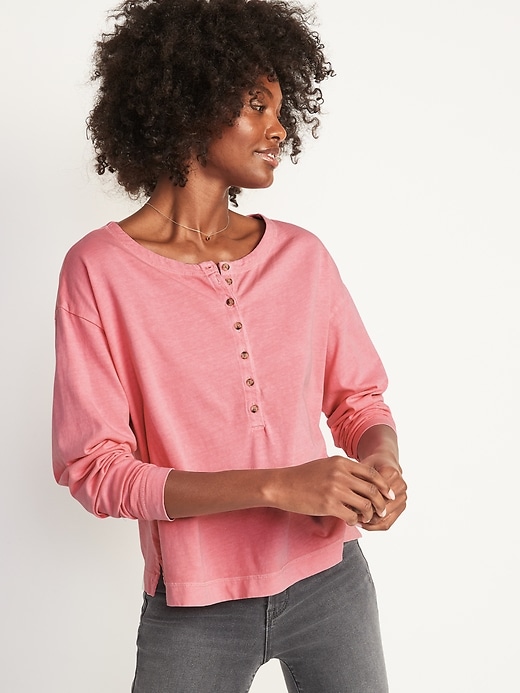 Image number 1 showing, Loose Garment-Dyed Long-Sleeve Henley T-Shirt for Women