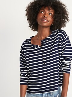 Loose Mariner-Stripe Long-Sleeve Henley T-Shirt for Women