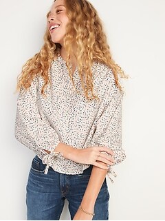 Oversized Ditsy-Floral Corduroy Tie-Sleeve Top for Women