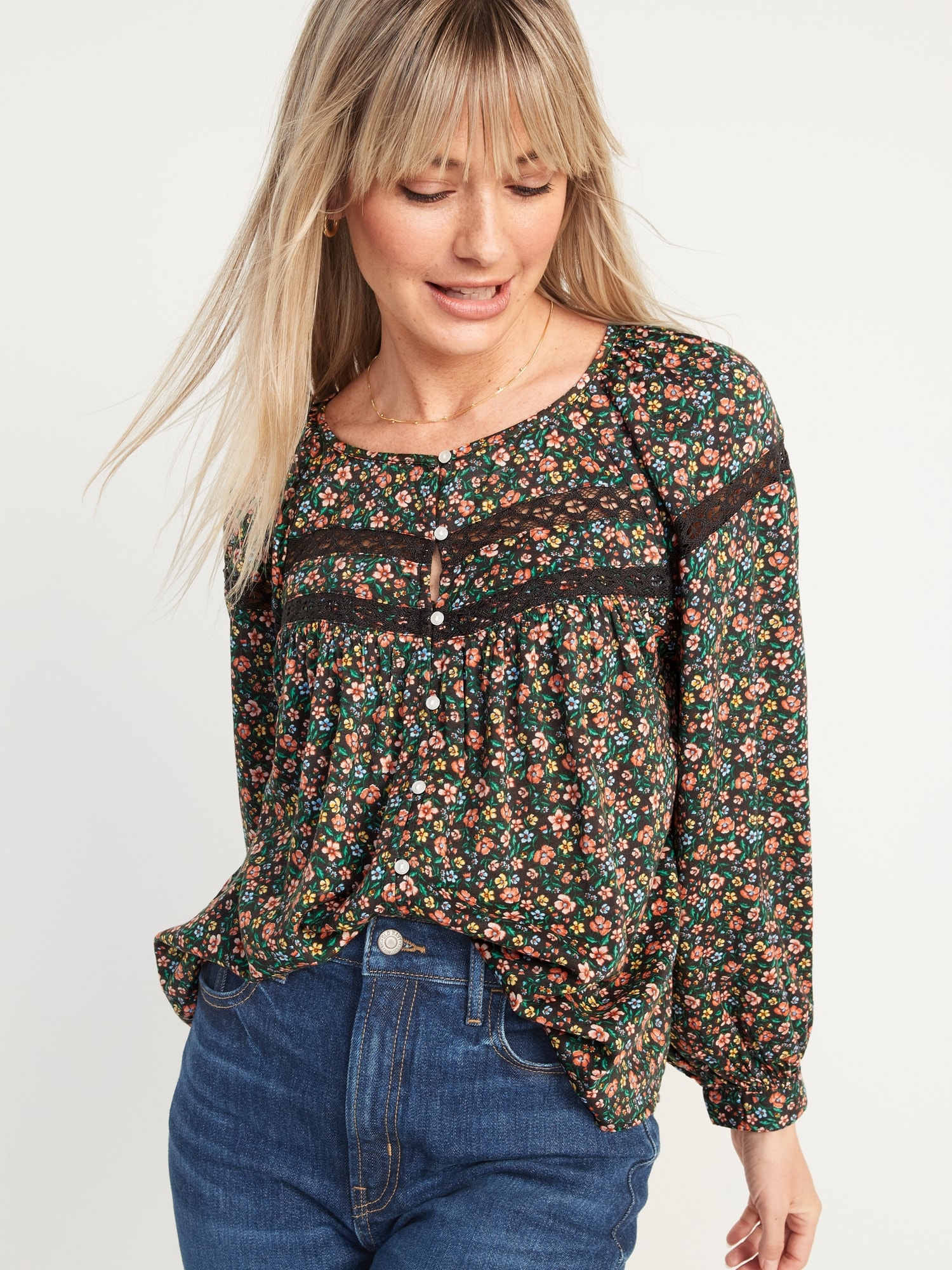 Long-Sleeve Lace-Trimmed Floral-Print 