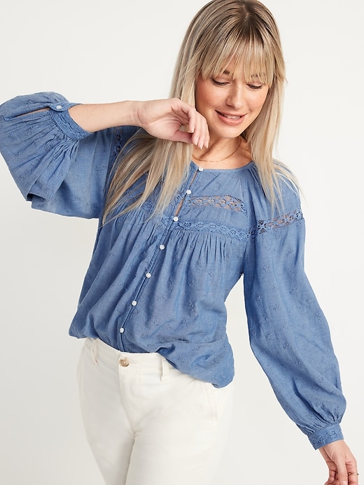 Image number 1 showing, Long-Sleeve Lace-Trimmed Embroidered Chambray Blouse for Women