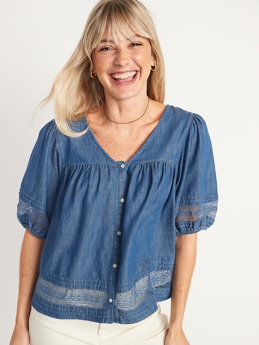 Image number 1 showing, Puff-Sleeve Oversized Lace-Trimmed Chambray Swing Blouse for Women