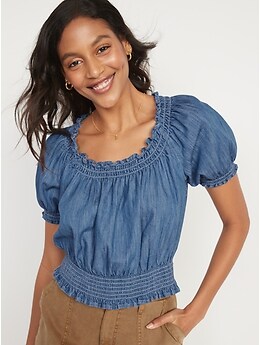 Scoop-Neck Smocked Chambray Blouse for Women