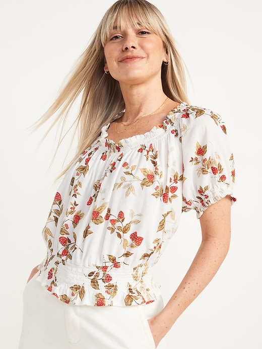 Image number 1 showing, Puff-Sleeve Smocked Printed Blouse for Women