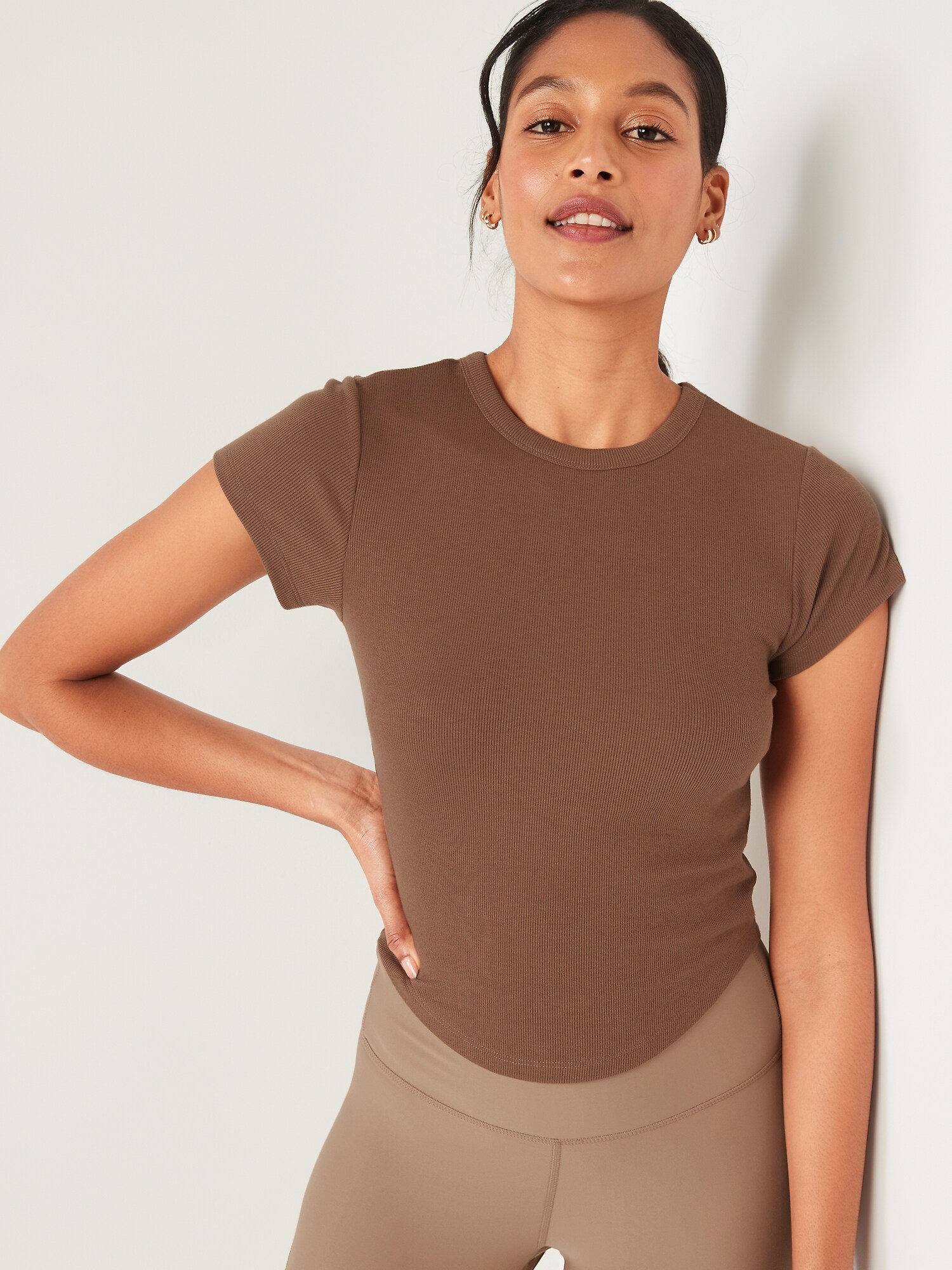 Old Navy Short-Sleeve UltraLite Cropped Rib-Knit T-Shirt for Women brown. 1