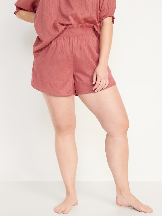 Image number 5 showing, High-Waisted Smocked-Waist Textured Clip-Dot Pajama Shorts -- 4-inch inseam