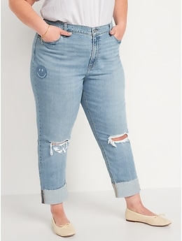 Mid-Rise Boyfriend Straight Ripped Smiley Face Jeans for Women