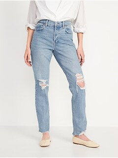 High-Waisted Button-Fly Slouchy Straight Ripped Cut-Off Jeans for Women