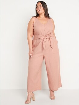 Sleeveless Cropped Linen-Blend Belted Jumpsuit for Women