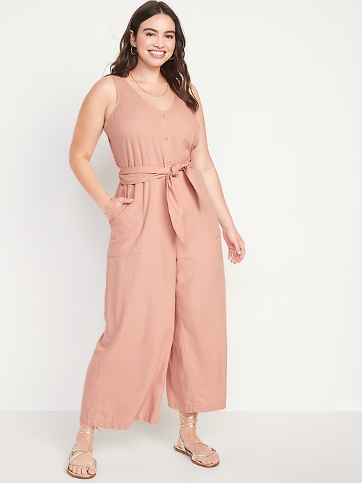 Sleeveless Cropped Linen-Blend Belted Jumpsuit for Women | Old Navy