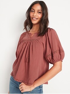 Elbow-Length Lace-Trimmed Poet Blouse for Women