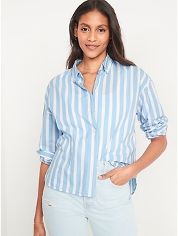 Long-Sleeve Oversized Cropped Striped Boyfriend Shirt for Women