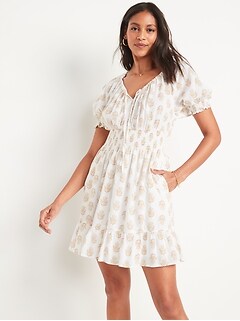 Waist-Defined Puff-Sleeve Printed Smocked Mini Dress for Women