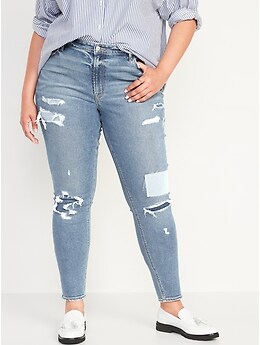 Mid-Rise Rockstar Patchwork Ripped Super Skinny Jeans for Women