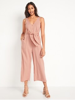 Sleeveless Cropped Linen-Blend Belted Jumpsuit for Women