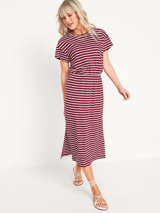 Waist-Defined Short-Sleeve Striped Cutout-Back Midi Dress for Women ...