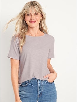 T-shirt en tricot côtelé luxueux à manches courtes à encolure ras du cou pour Femme
