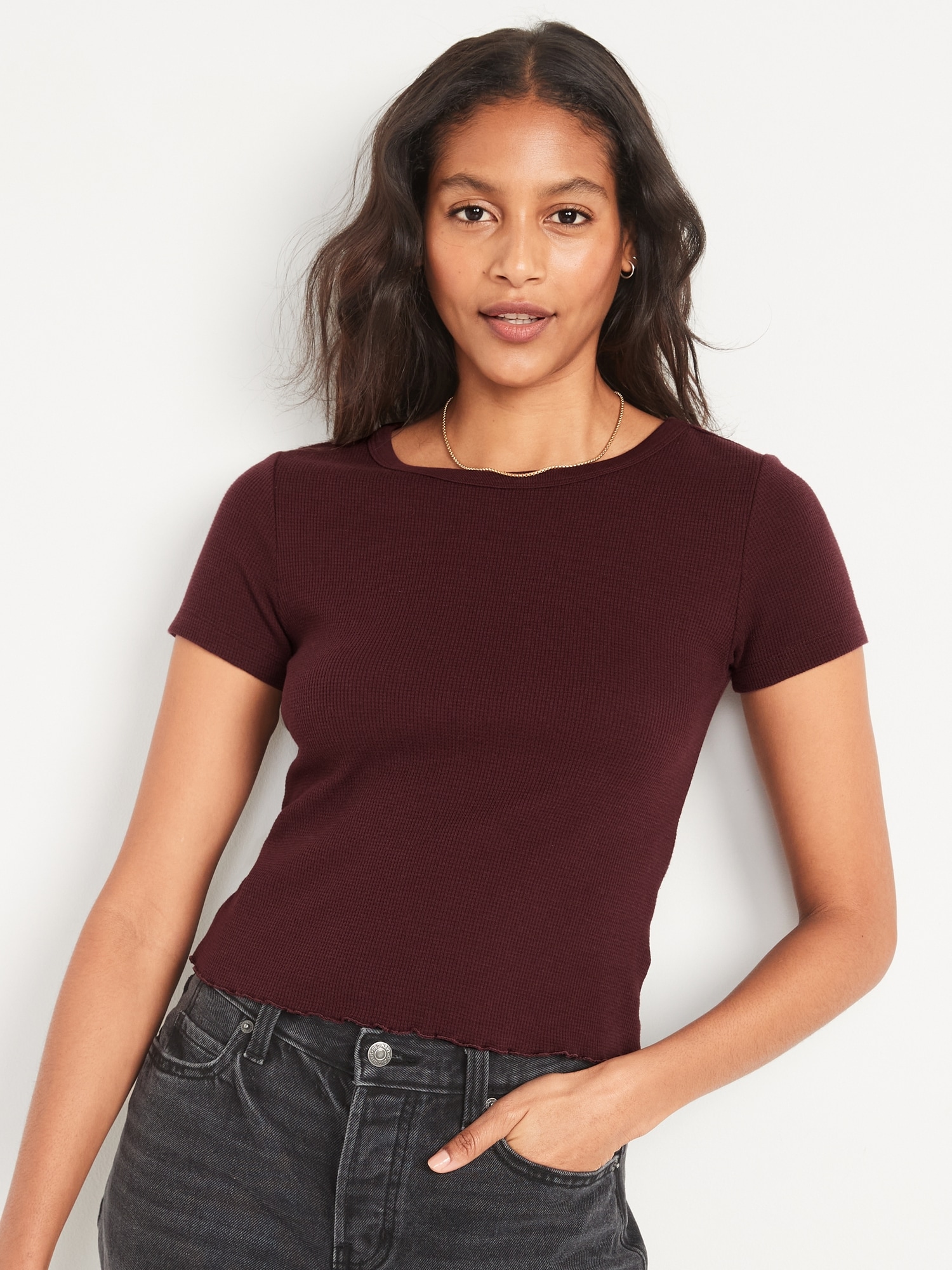 Old Navy Short-Sleeve Cropped Lettuce-Edge Waffle-Knit T-Shirt for Women red. 1