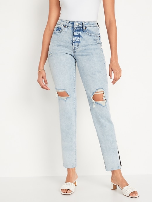 Image number 1 showing, High-Waisted Button-Fly OG Straight Ripped Side-Slit Jeans for Women