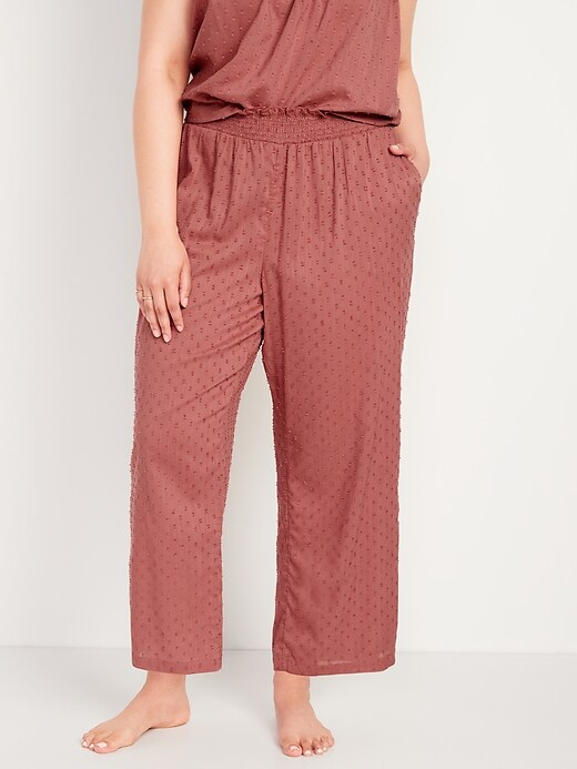 High-Waisted Cropped Smocked Clip-Dot Wide-Leg Pajama Pants