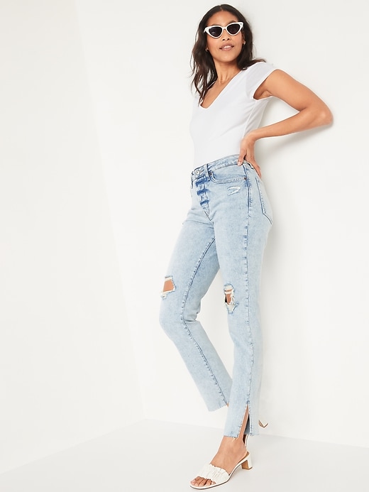 Image number 3 showing, High-Waisted Button-Fly OG Straight Ripped Side-Slit Jeans for Women
