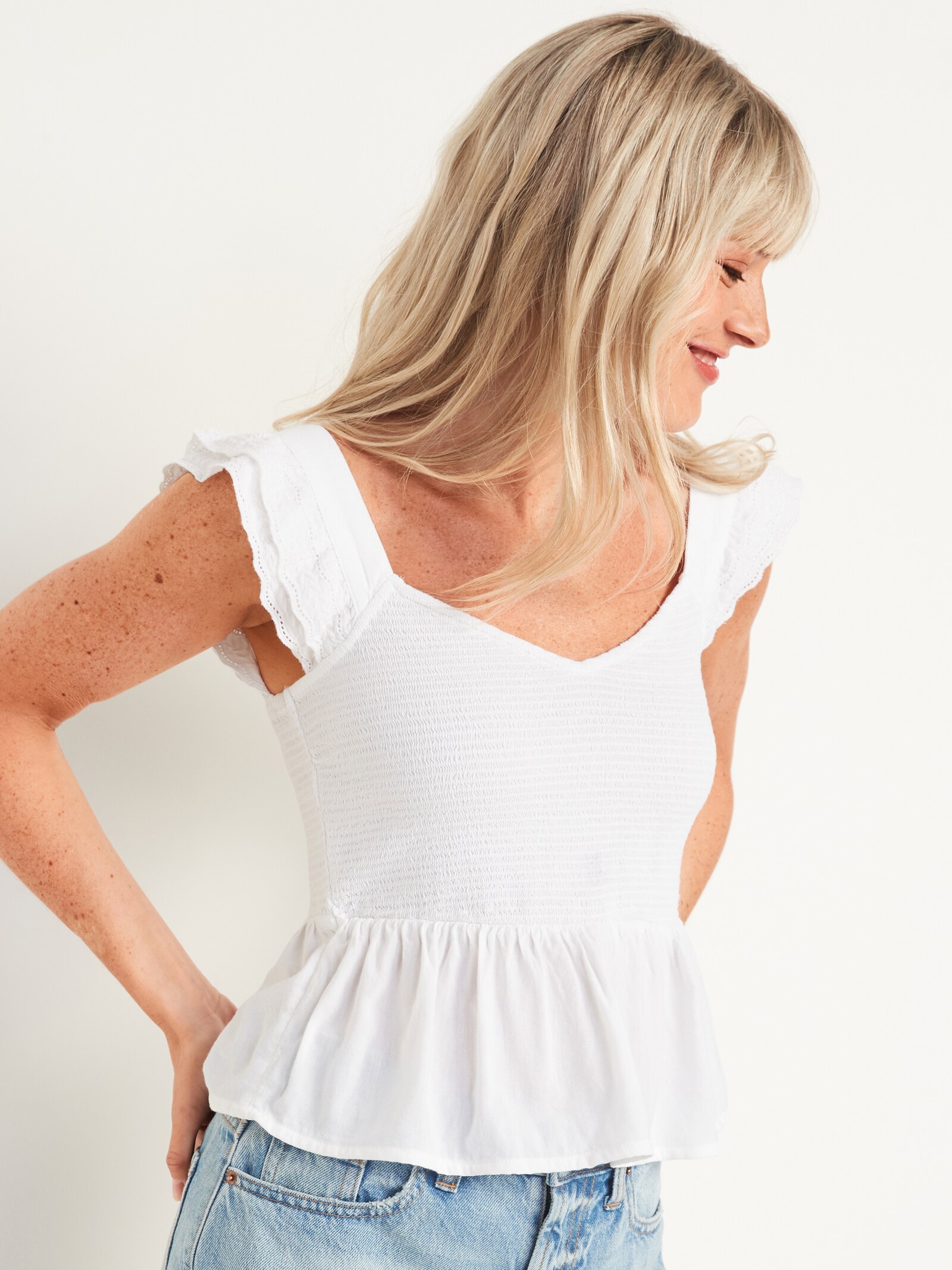 Fitted Flutter-Sleeve Smocked Top for 