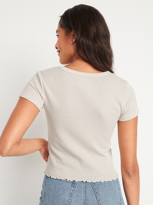 Image number 2 showing, Short-Sleeve Cropped Lettuce-Edge Waffle-Knit T-Shirt
