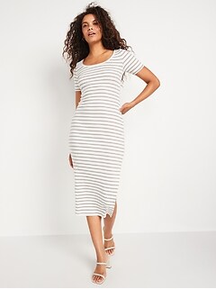 Fitted Short-Sleeve Striped Rib-Knit Midi Dress for Women