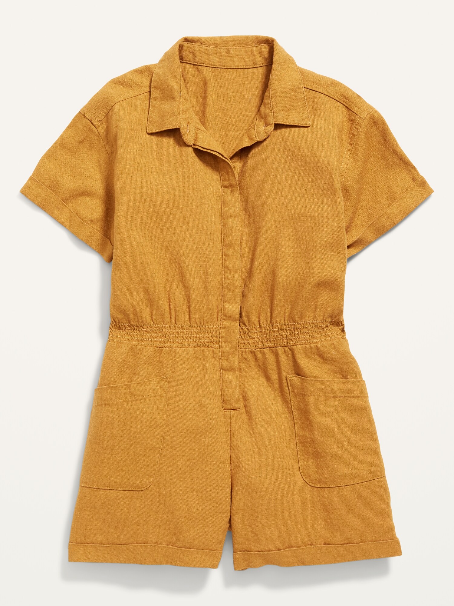 Short-Sleeve Cinched-Waist Linen-Blend 