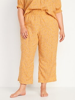High-Waisted Floral-Print Cropped Smocked Wide-Leg Pajama Pants for Women