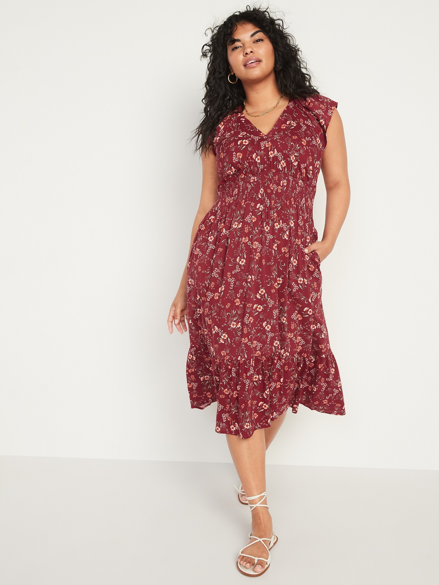 Waist-Defined Flutter-Sleeve Floral 