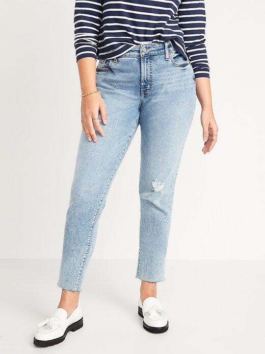 Image number 1 showing, Curvy High-Waisted OG Straight Distressed Cut-Off Jeans for Women