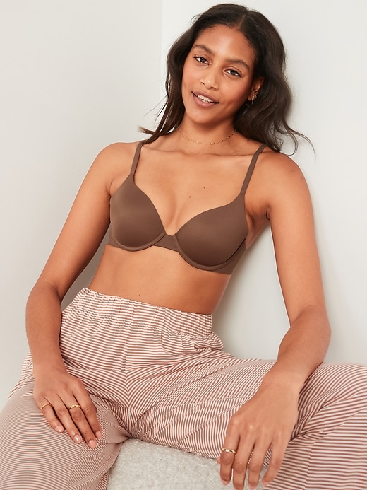Entyinea Womens Bras Full Support Underarm-Smoothing Comfort Underwire  Lightly Lined T-Shirt Bra Beige 85D 