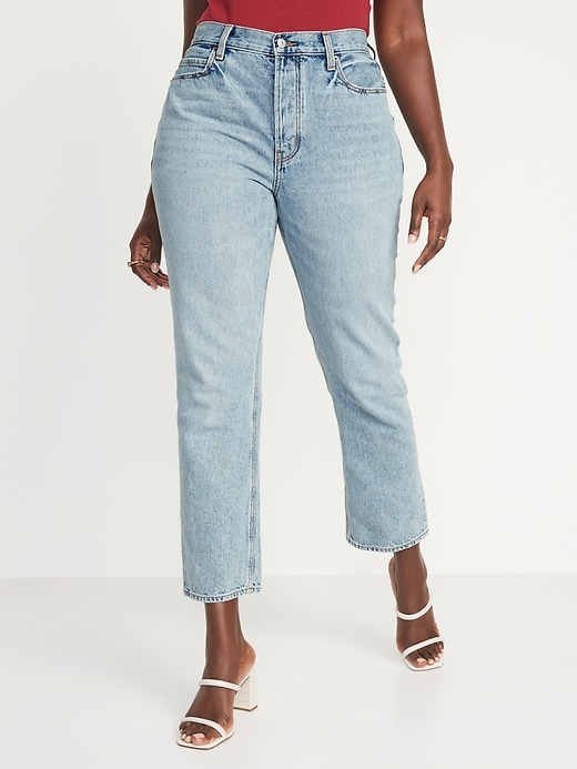 High-Waisted Button-Fly Slouchy Straight Cropped Non-Stretch Jeans for ...
