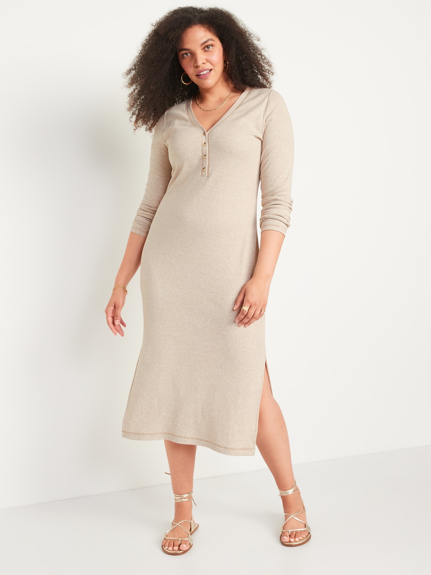 Fitted Long-Sleeve Heathered Rib-Knit Henley Midi Dress for Women | Old 