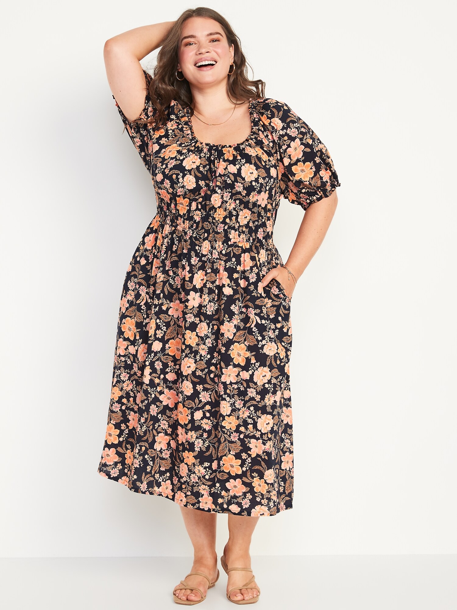 Waist-Defined Puff-Sleeve Floral-Print Smocked Midi Dress for Women ...