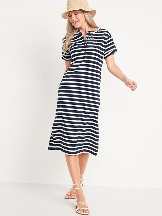 Image number 1 showing, Short-Sleeve Striped Henley Midi Shift Dress for Women