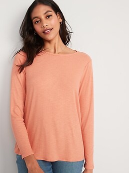 Long-Sleeve Luxe Heathered Rib-Knit T-Shirt for Women