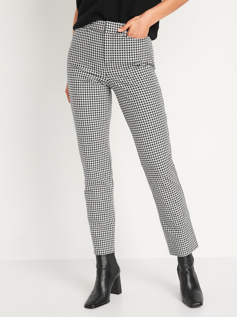 High-Waisted Printed Pixie Straight Ankle Pants - Black & White Houndstooth