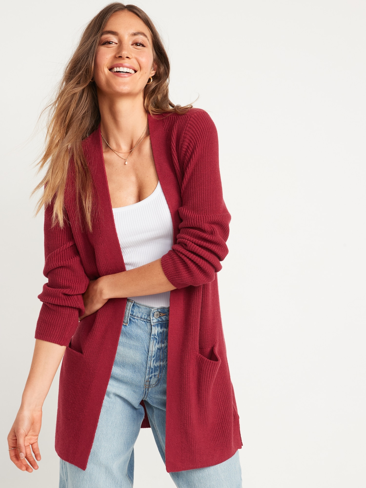 Textured Shaker-Stitch Longline Open-Front Cardigan Sweater for